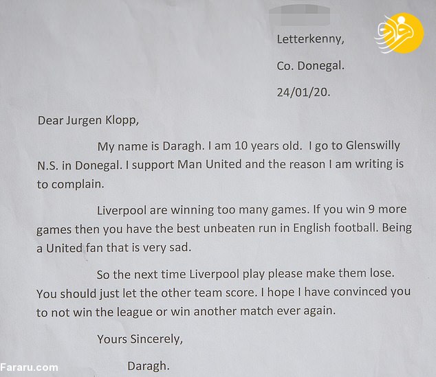 (عکس) پاسخ جالب یورگن کلوپ به نامه پسربچه ۱۰ ساله‌