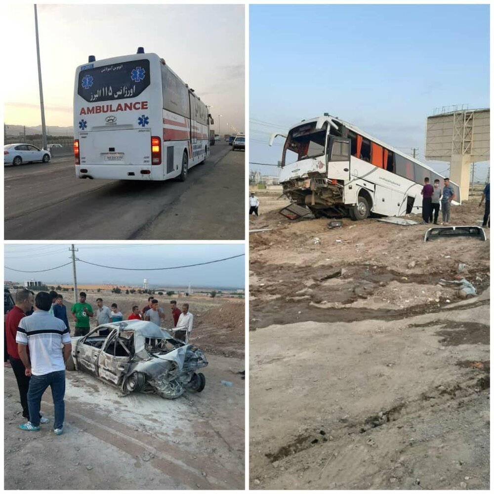 (تصویر) تصادف مرگبار اتوبوس و پژو پارس در آزاد راه قزوین - کرج