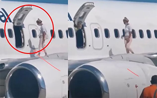 (ویدئو) هواخوری مسافر روی بال هواپیما برای فرار از گرما!