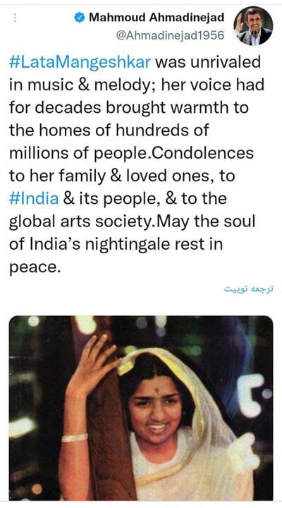 واکنش احمدی‌نژاد دریی درگذشت «بلبل بالیوود»