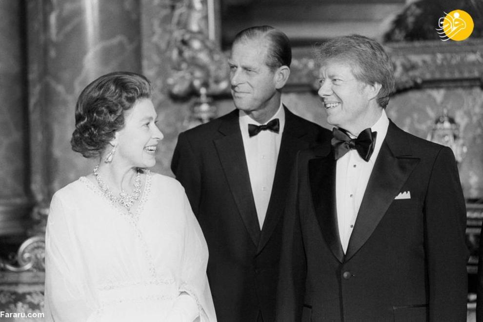 دیدار جیمی کارتر رئیس جمهور آمریکا با الیزابت دوم و شاهزاده فیلیپ در کاخ باکینگهام در ماه می 1977
