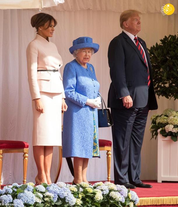 دونالد ترامپ رئیس جمهور آمریکا و همسرش ملانیا در کنار ملکه انگلیس در ژوئیه 2018